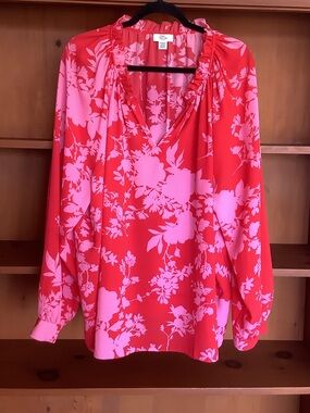 Lord & Taylor Plus Size Pink Red Floral Blouse | Ruffle Neck Peasant Top Size 3X